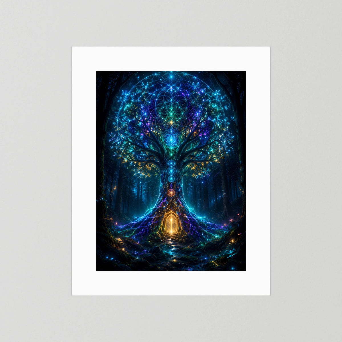 Hochformatiges Poster mit leuchtendem Baum-Motiv mit weißem Passepartout