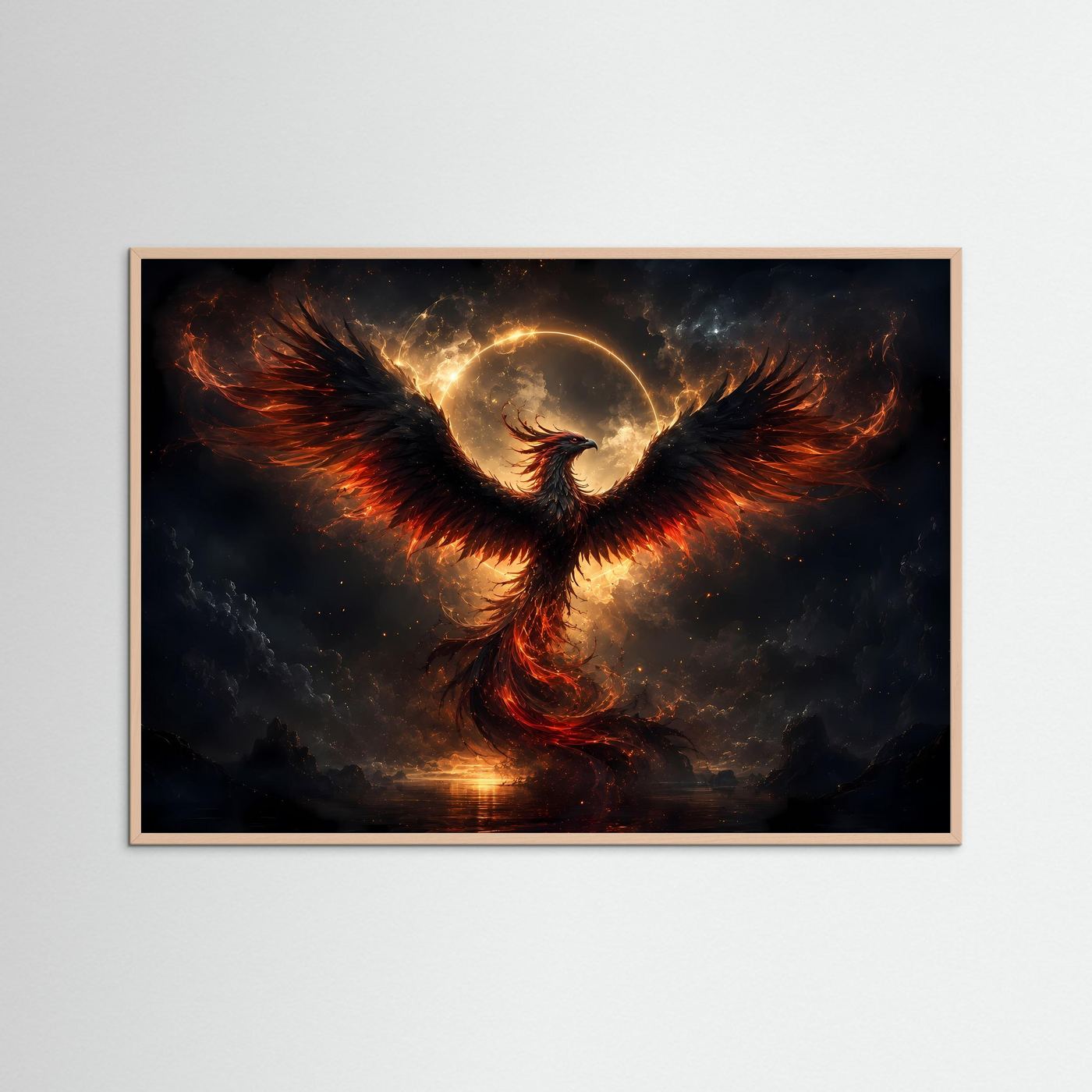 Dunkler Phönix Poster | Mystischer Feuervogel Wandkunst | Schwarz Gold Fantasy Kunst | Abstraktes Wandbild mit Flammen