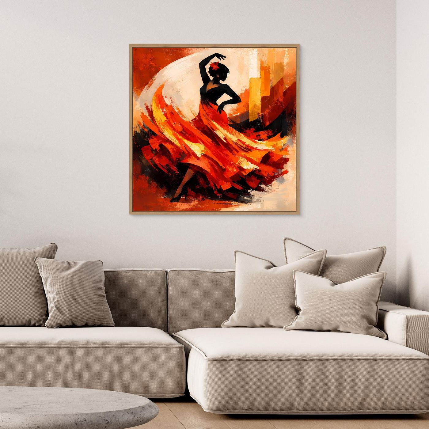 Gerahmtes Leinwand-Wandbild mit Flamenco-Tänzerin in Schwarz und Rot-Orange-Flammen
