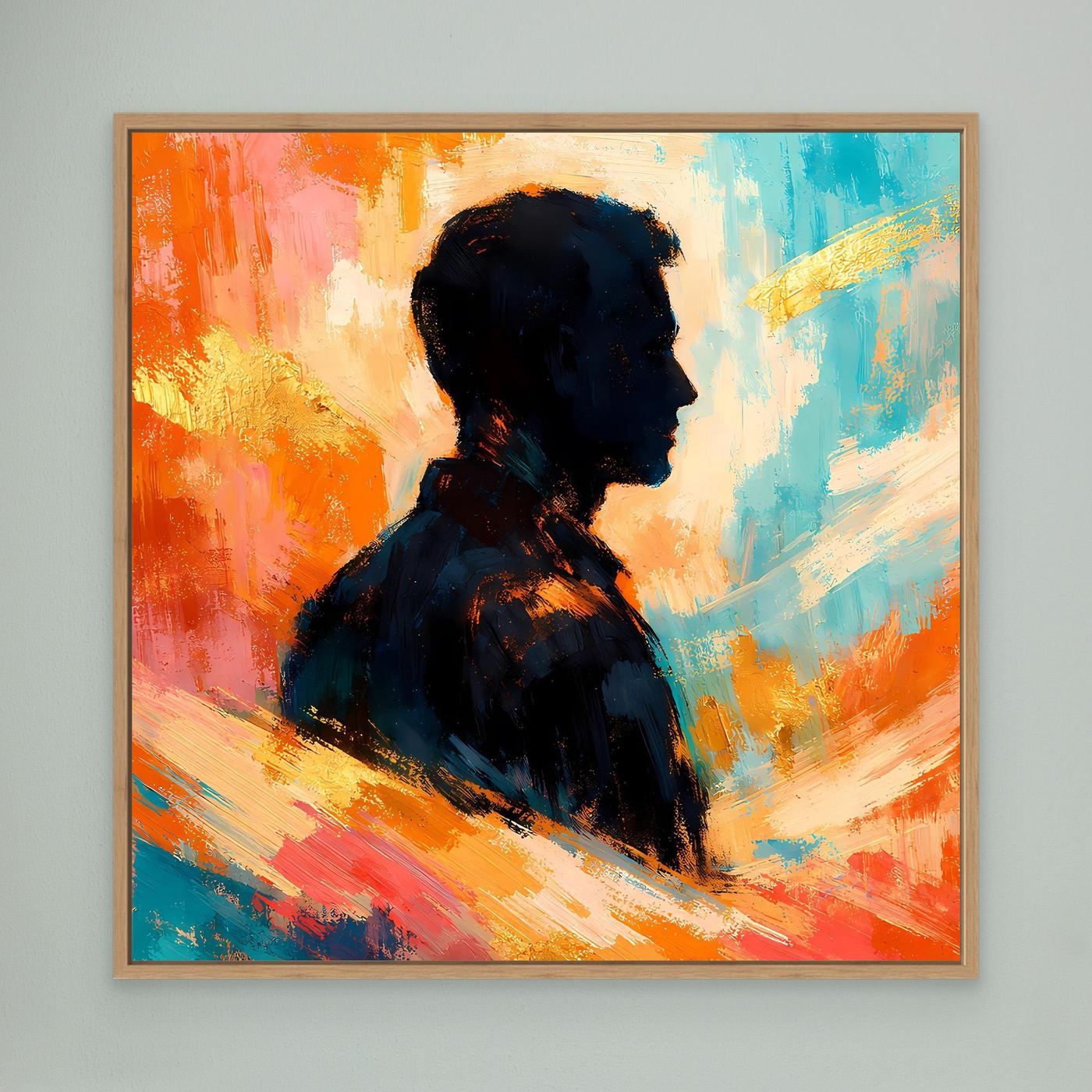Leinwandbild mit Holzrahmen und abstrakter Silhouette eines Mannes im Profil, warm farbig