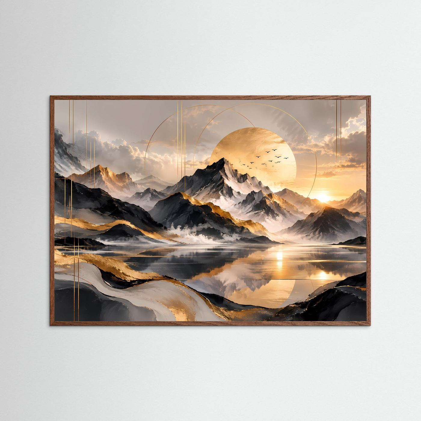 Abstrakte Berglandschaft Poster | Goldene Berge mit See | Moderne Landschaft Kunst | Panorama Wandbild | Elegante Leinwand mit Goldakzenten