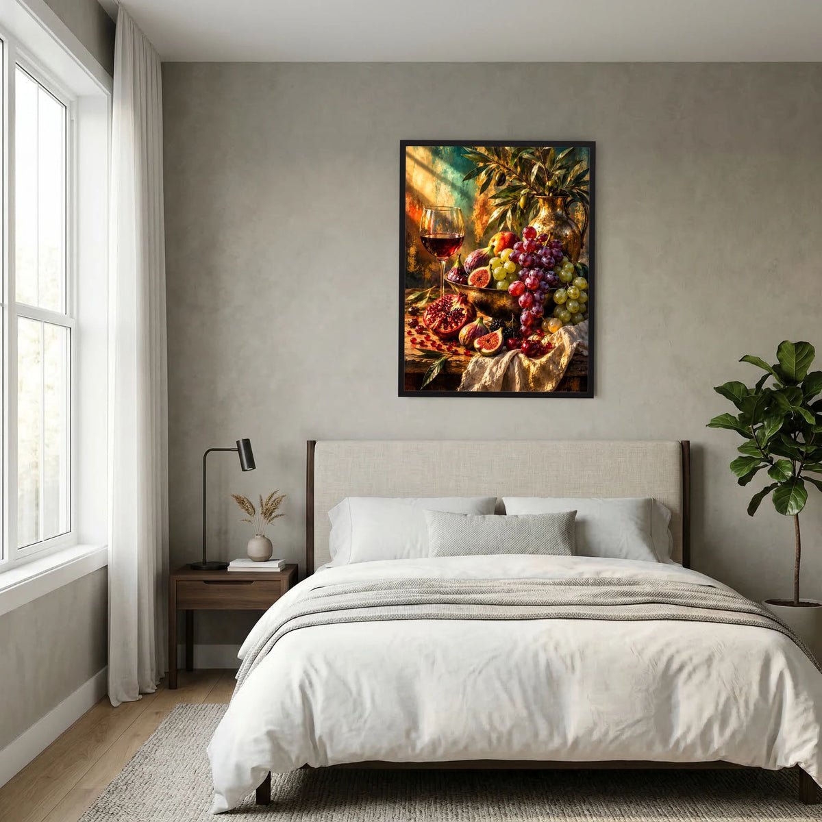 Quadratisches Wandposter mit Stillleben: Trauben, Feigen, Granatapfel und Wein im Glas
