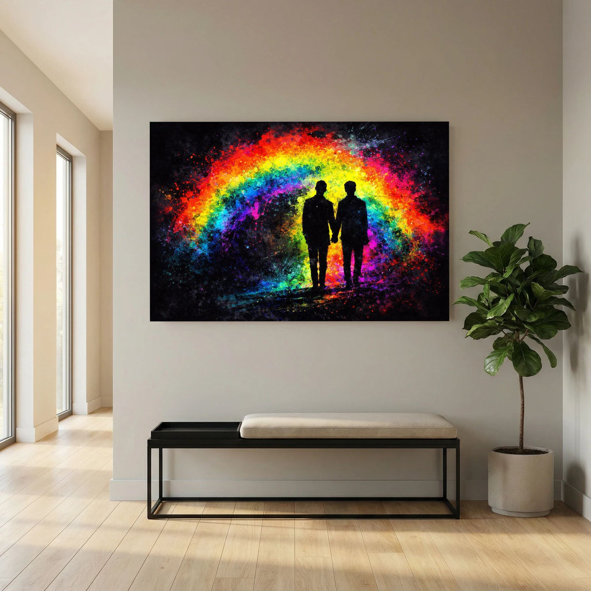 Gerahmtes Wandbild im Querformat: Silhouettenpaar vor Regenbogenbogen, farbiges Effektmotiv