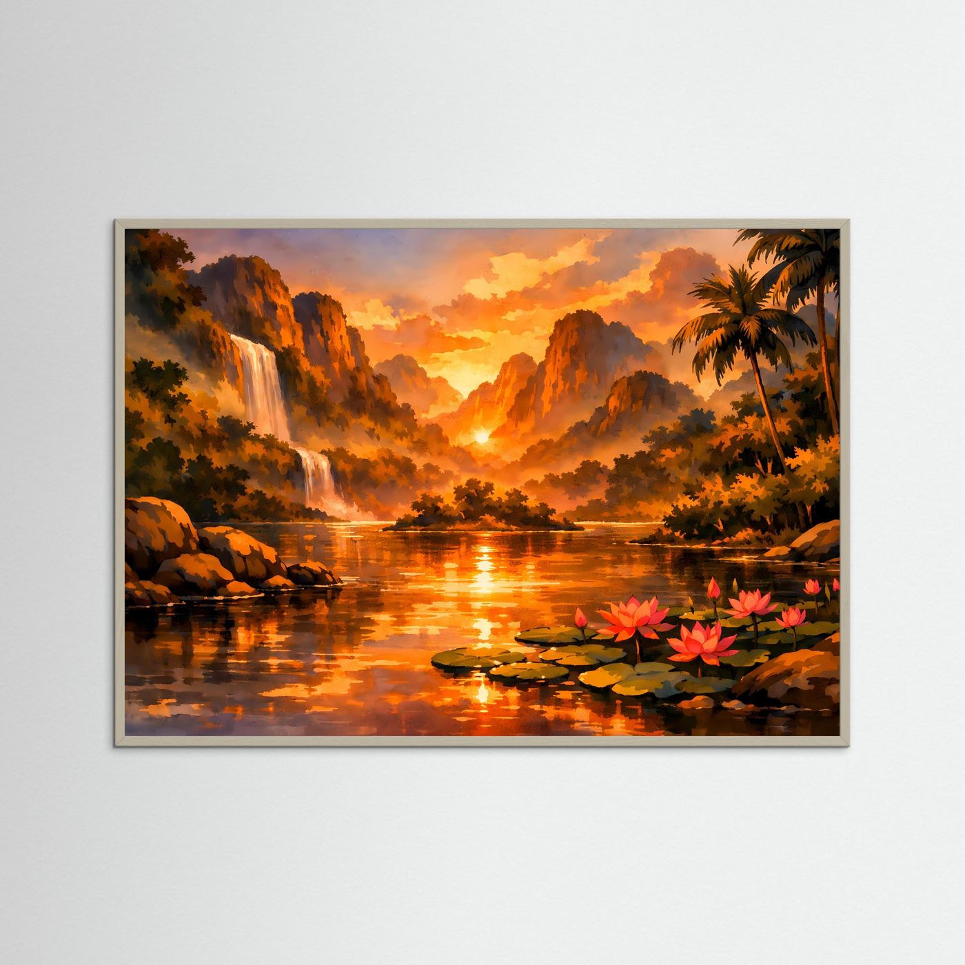 Gerahmtes Querformat-Poster: tropischer See mit roten Seerosen und orange Wolken