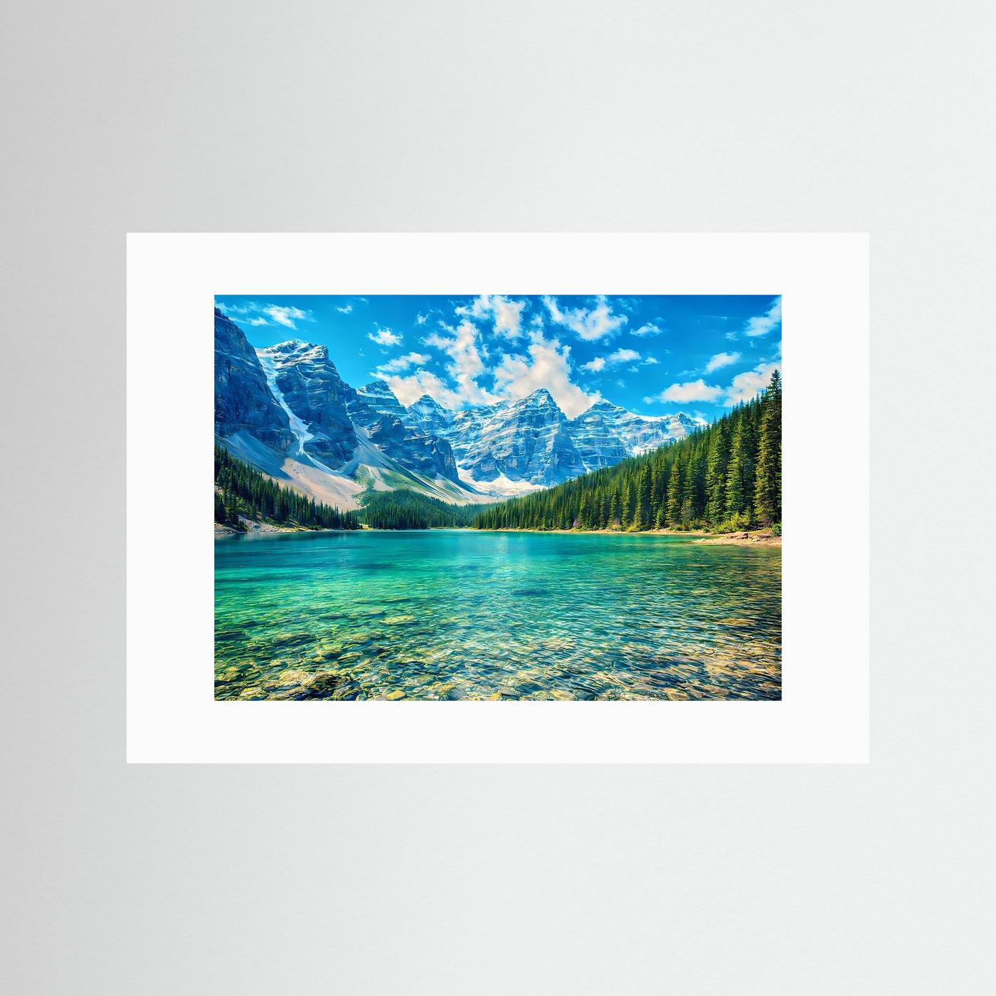 Wandbild mit türkisblauem See und Bergpanorama im weißen Rahmen