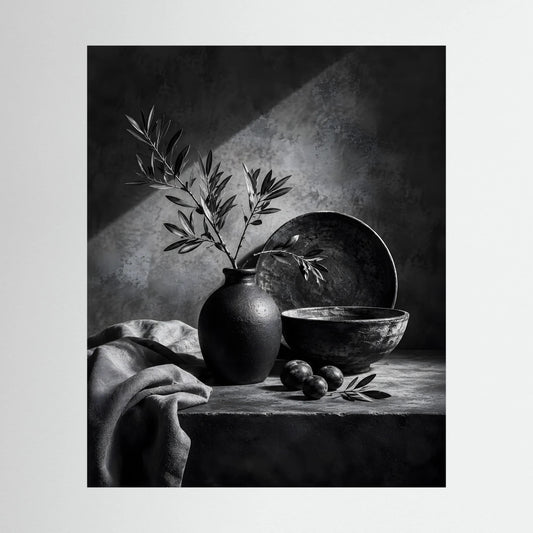 Hochformatiges Schwarz-Weiß-Wandposter: Olivenzweig in Vase, Schale und Tuch