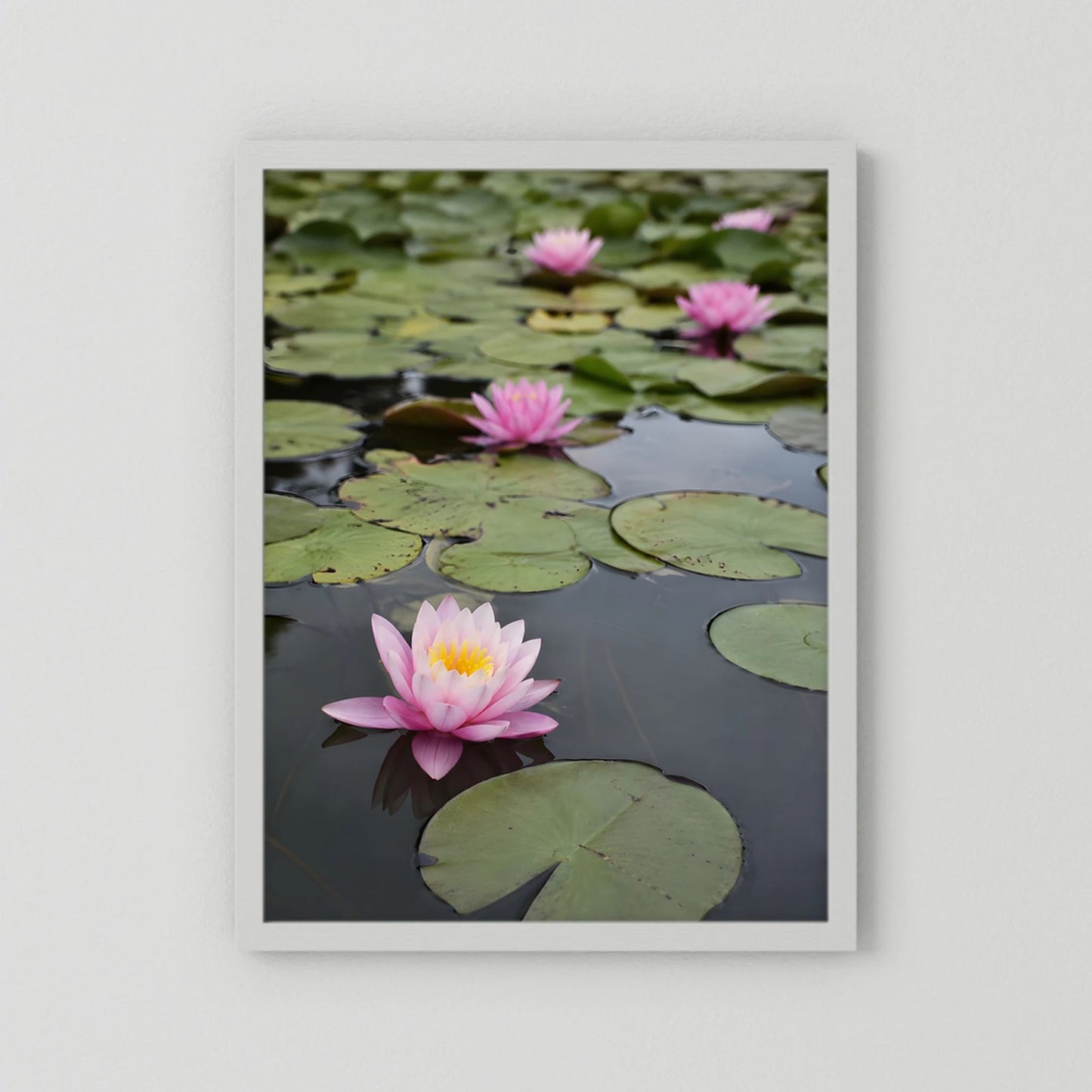 Kunstposter mit Seerosen im Teich, weißer Rahmen