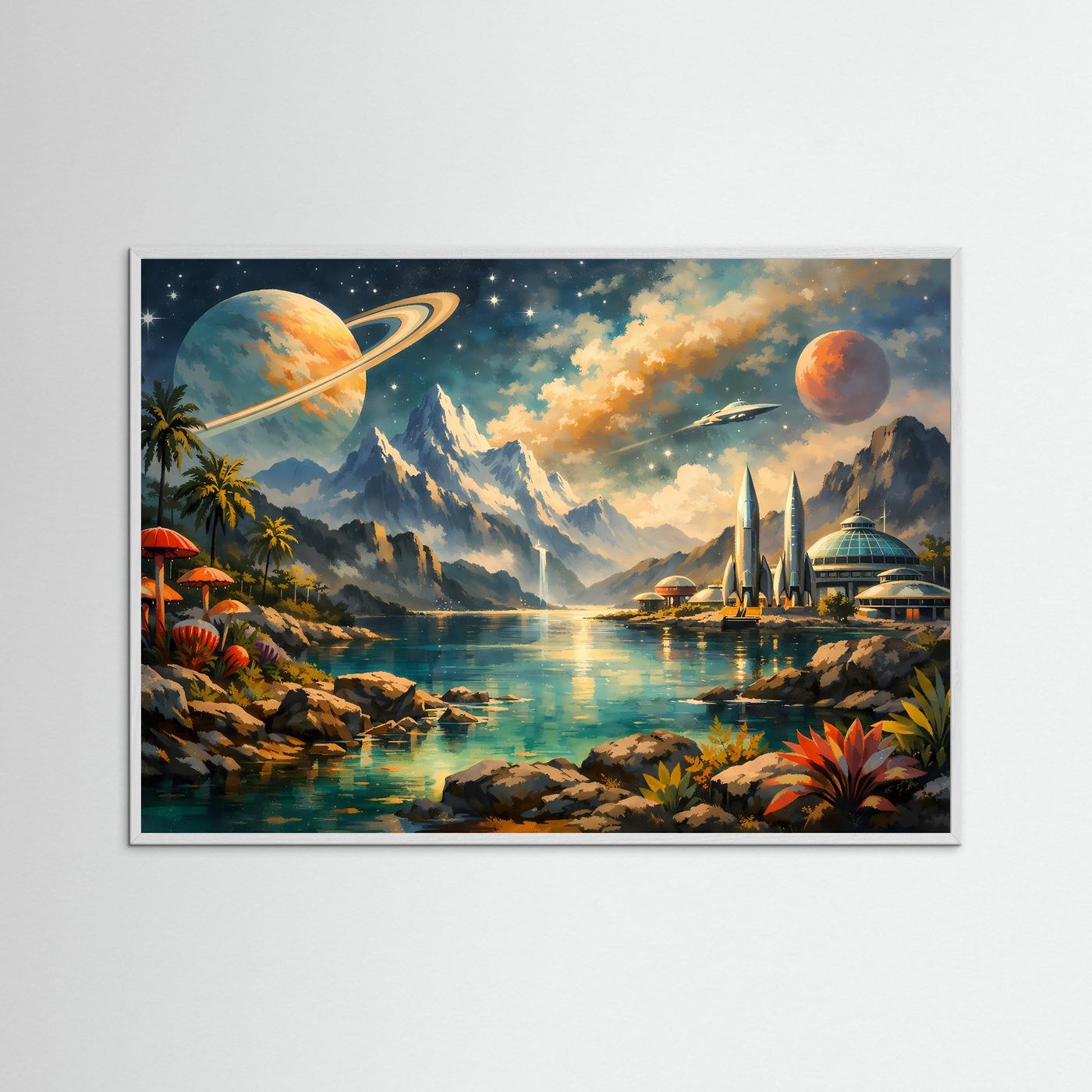 Science-Fiction Landschaft Poster | Futuristische Alien-Welt mit Saturn, Raumstation und Bergen | Sci-Fi Wandbild Fantasy Universum