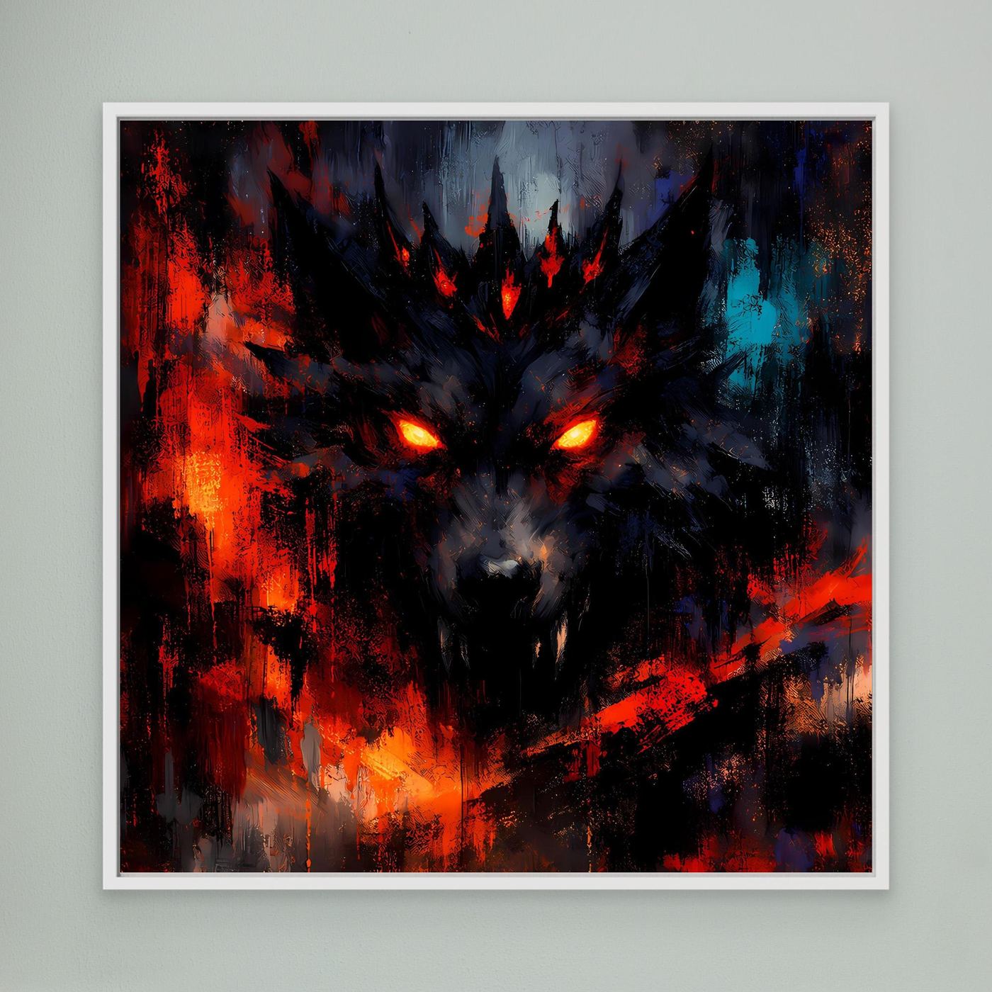 Abstraktes Wolf-Leinwandbild mit leuchtenden Augen, Rot- und Blauakzenten, weißer Rahmen