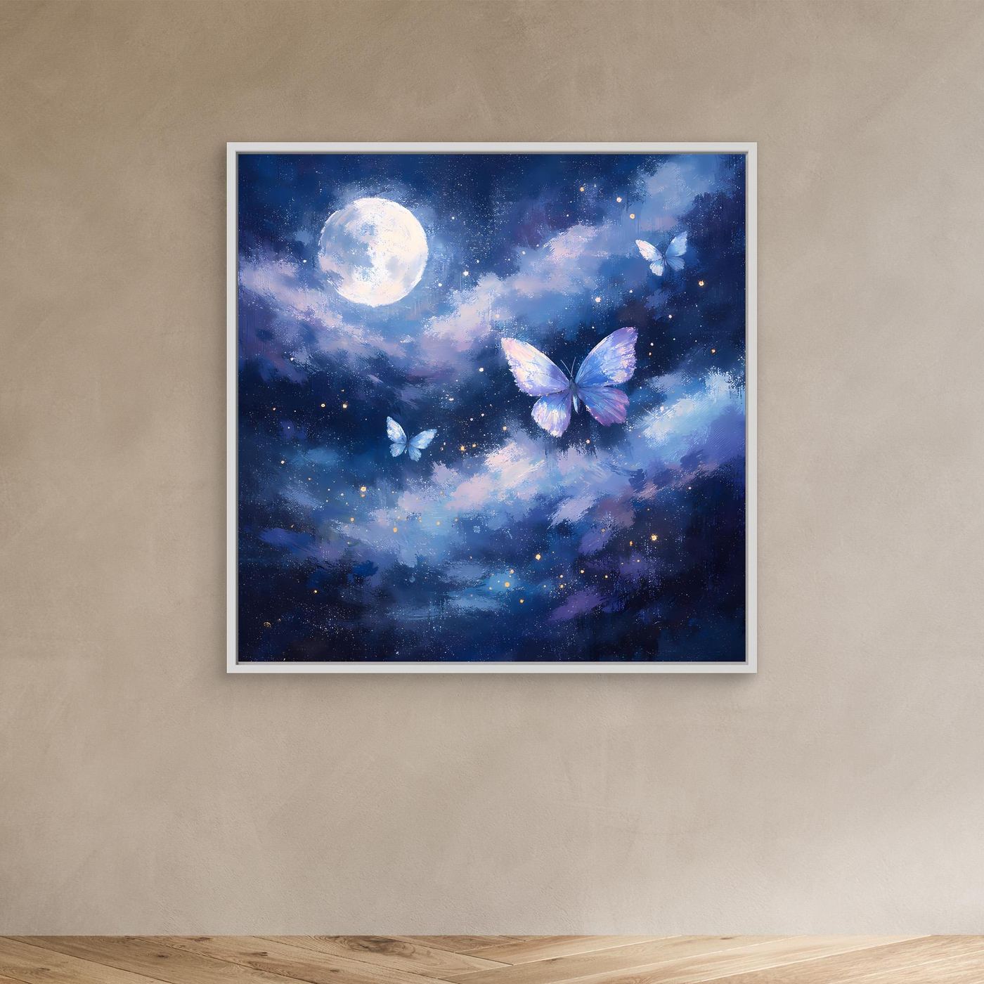 Leinwand-Wandbild mit Mond und Schmetterlingen im Sternenhimmel, weißer Rahmen