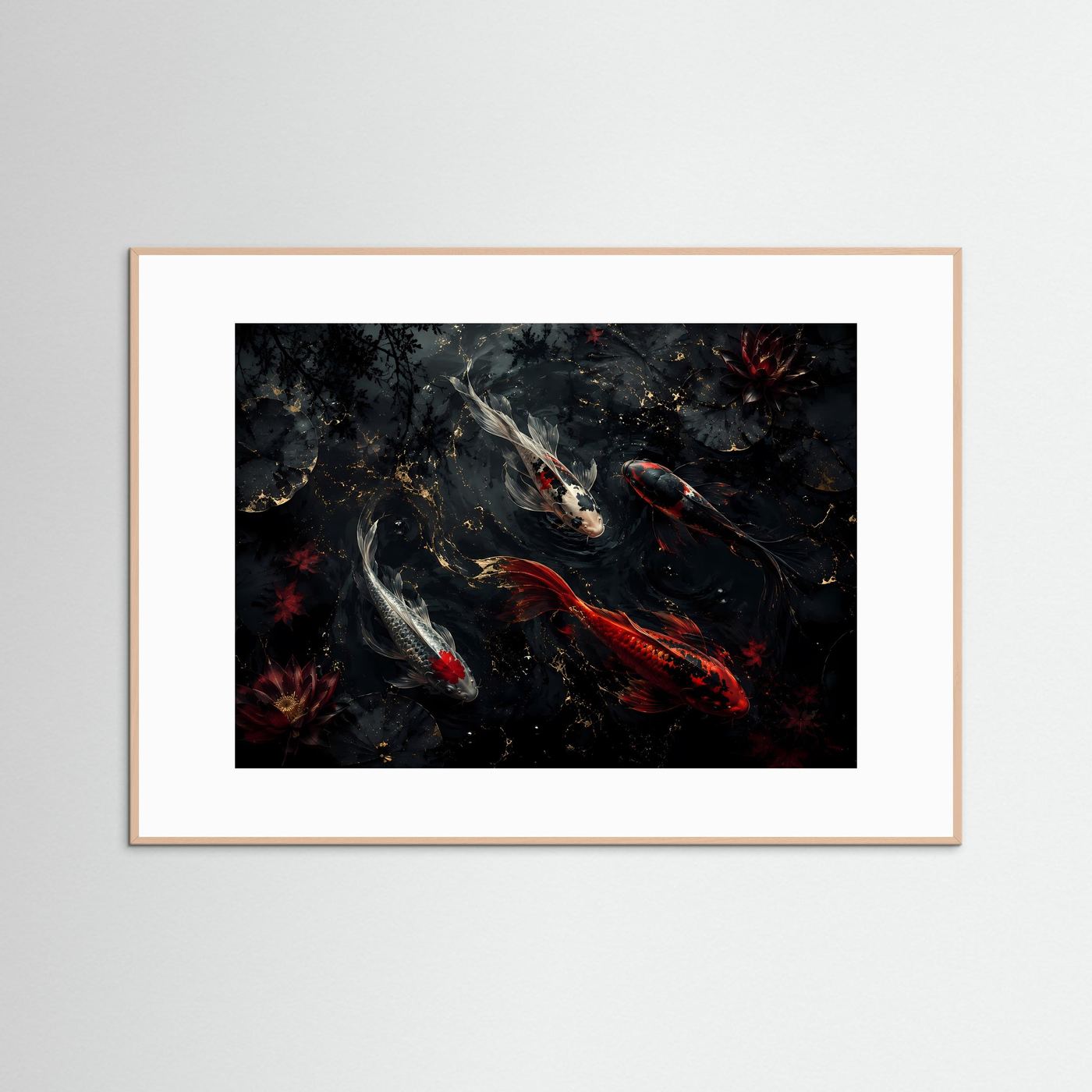 Koi-Karpfen im dunklen Lotus-Teich | Elegantes asiatisches Wandbild in Schwarz, Rot & Gold