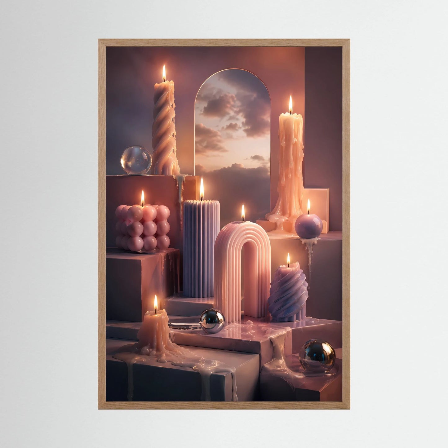 Hochformat-Poster mit Kerzenszene in Pastellrosa im hellen Holzrahmen
