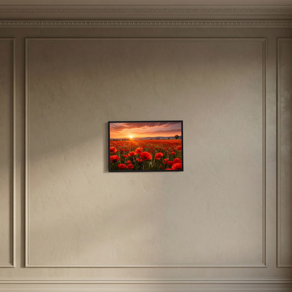 Poster mit rotem Mohnblumenfeld und Sonnenuntergang, kleiner schwarzer Rahmen