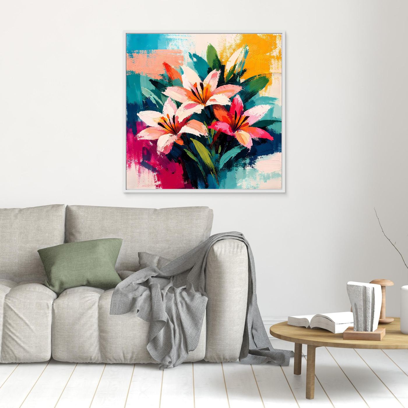 Framed abstract floral canvas with colorful lilies and bold brushstrokes