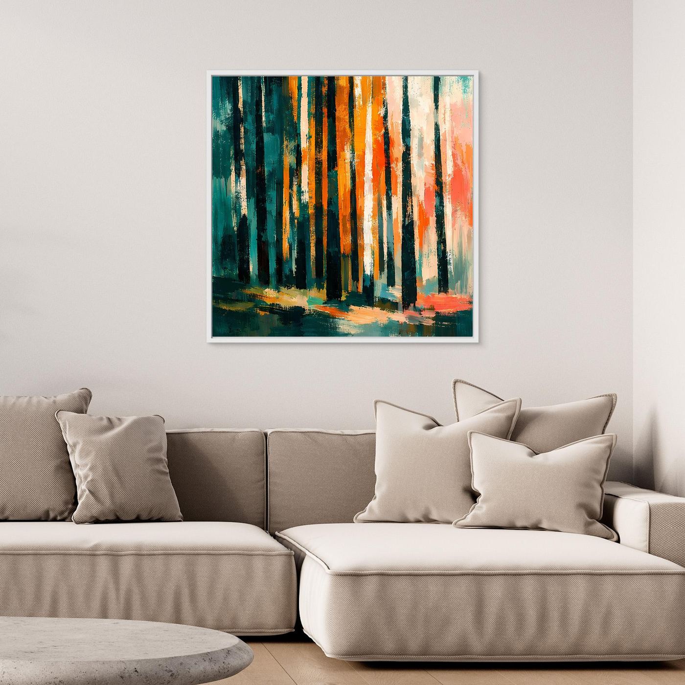 Leinwand-Wandbild mit abstraktem Birkenwald im Herbst, silberner Rahmen