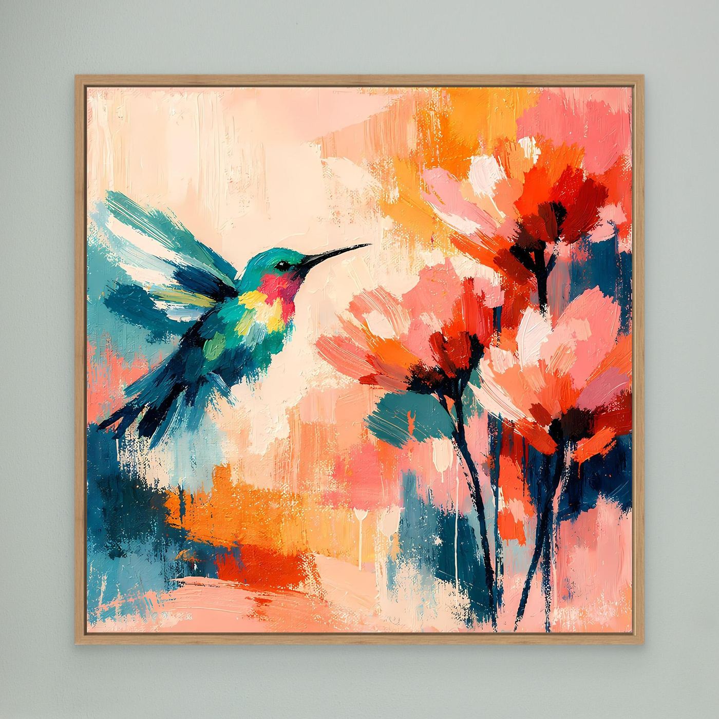 Abstract canvas hummingbird wall art with colorful flowers, oak frame