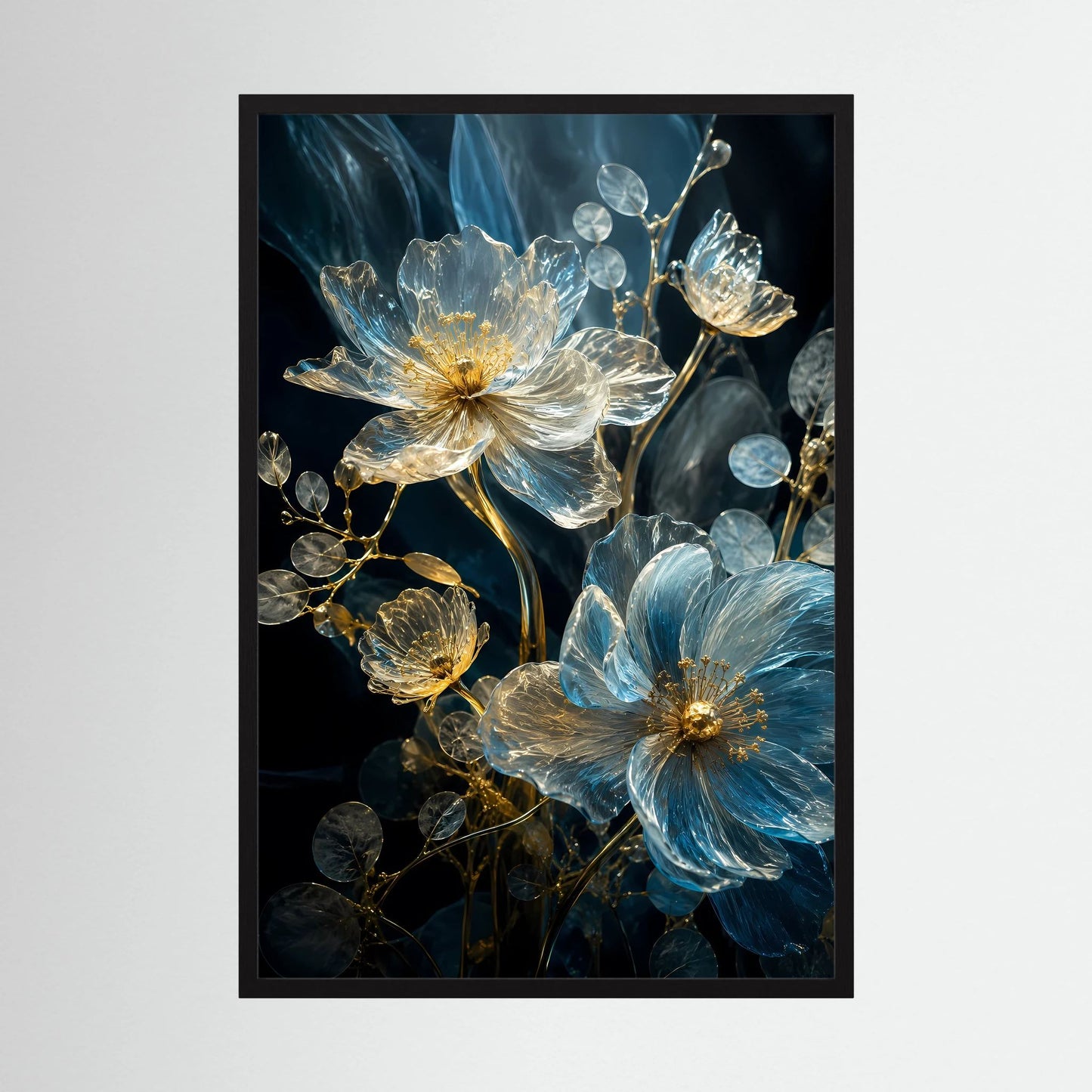 Poster mit blauen und goldenen Kristallblüten im schwarzen Rahmen auf dunklem Grund