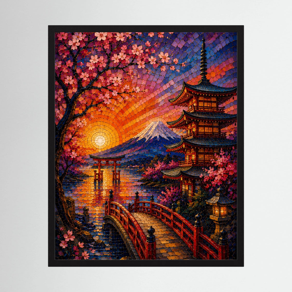 Schwarzes Hochformatposter mit Mosaikkunst: Kirschblüten, Pagode und Fuji bei Sonnenuntergang