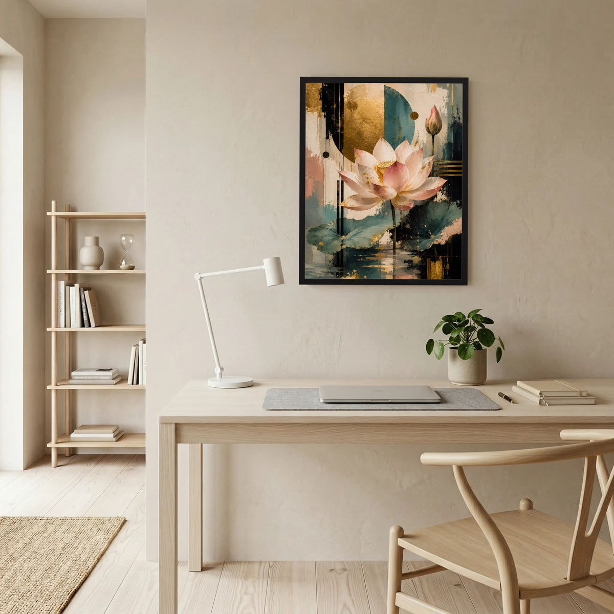 Gerahmtes Poster mit Lotusblüten in Rosa und Gold, abstrakter türkis-dunkler Hintergrund