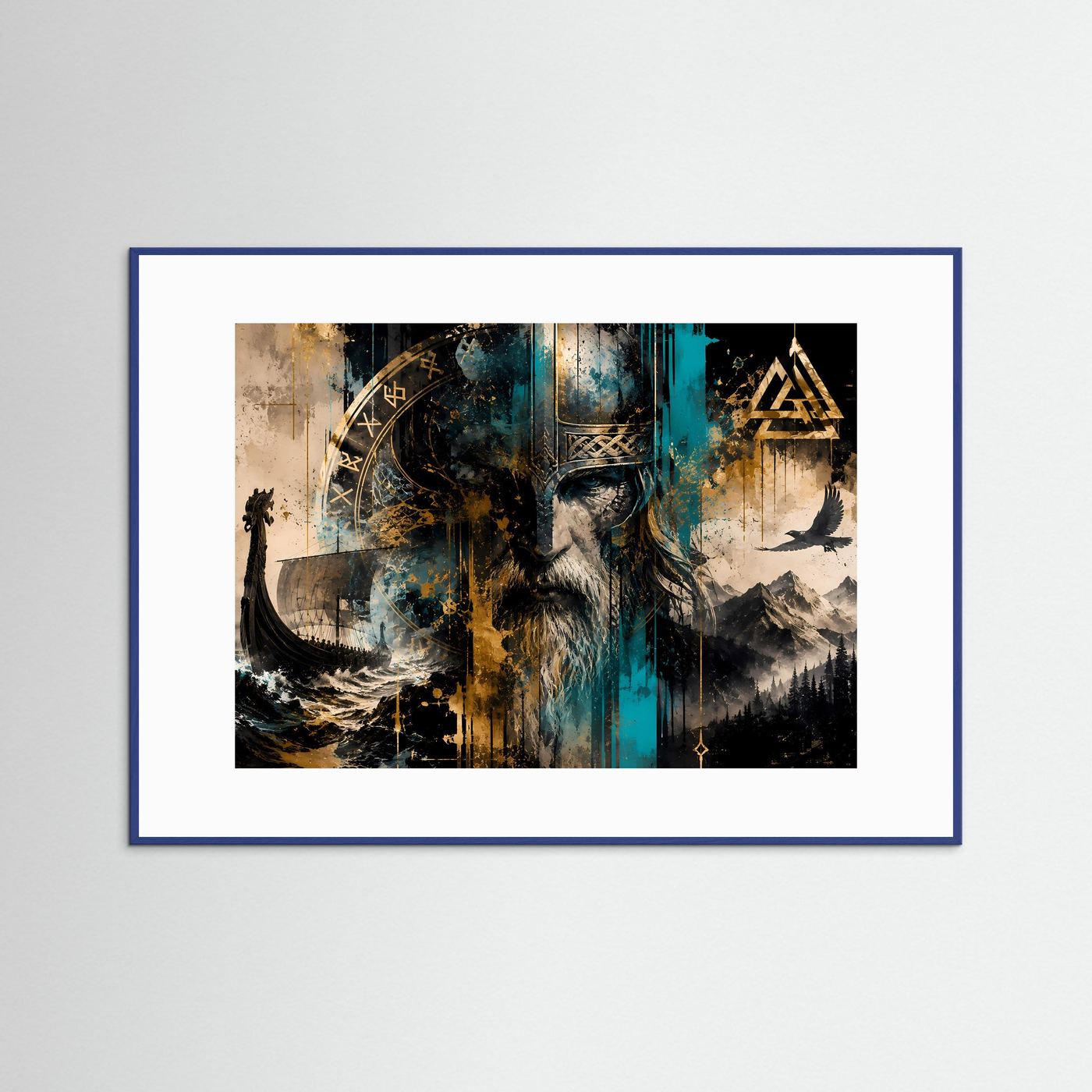 Wikinger Krieger mit Runen & Drachenschiff | Nordische Mythologie Poster Panorama Querformat in Gold, Türkis & Schwarz