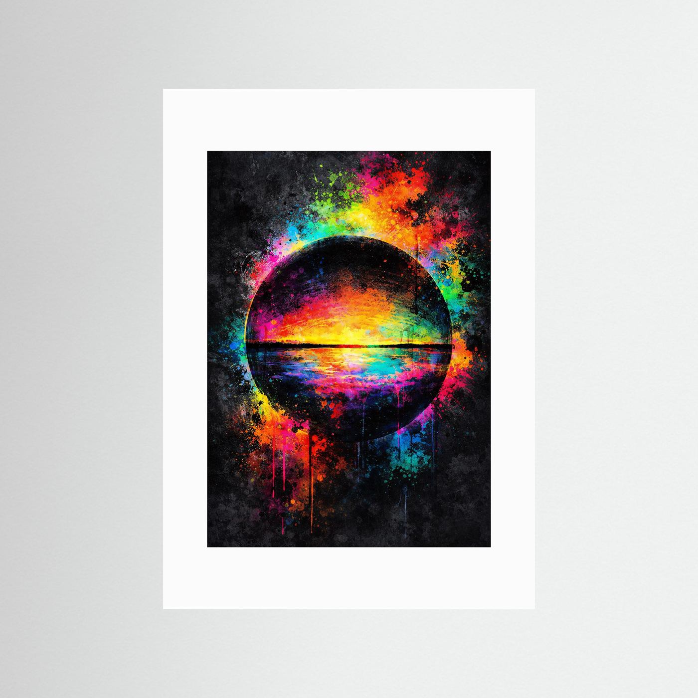 Abstraktes Kosmos-Poster mit weißem Rand und kreisförmigem Horizont auf dunklem Hintergrund