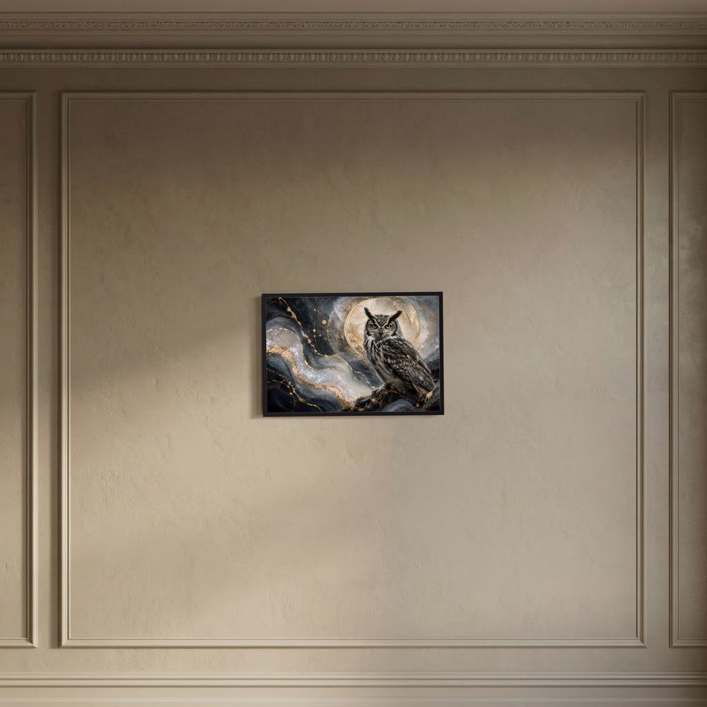 Wandkunst-Poster mit Eule im Mondlicht und goldenen Akzenten, schwarzer Rahmen