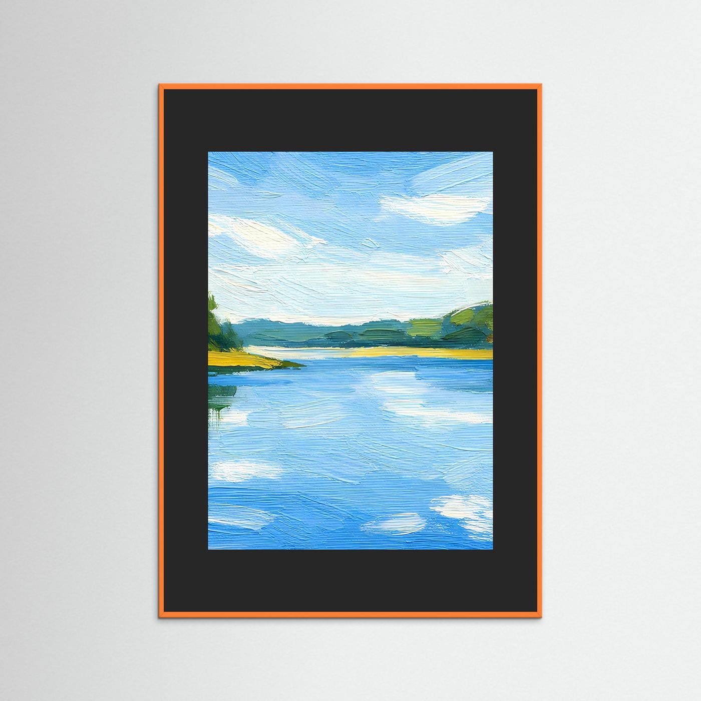Wandposter mit Landschaftsgemälde in Blau, im dunklen Rahmen mit orangefarbenem Außenrand