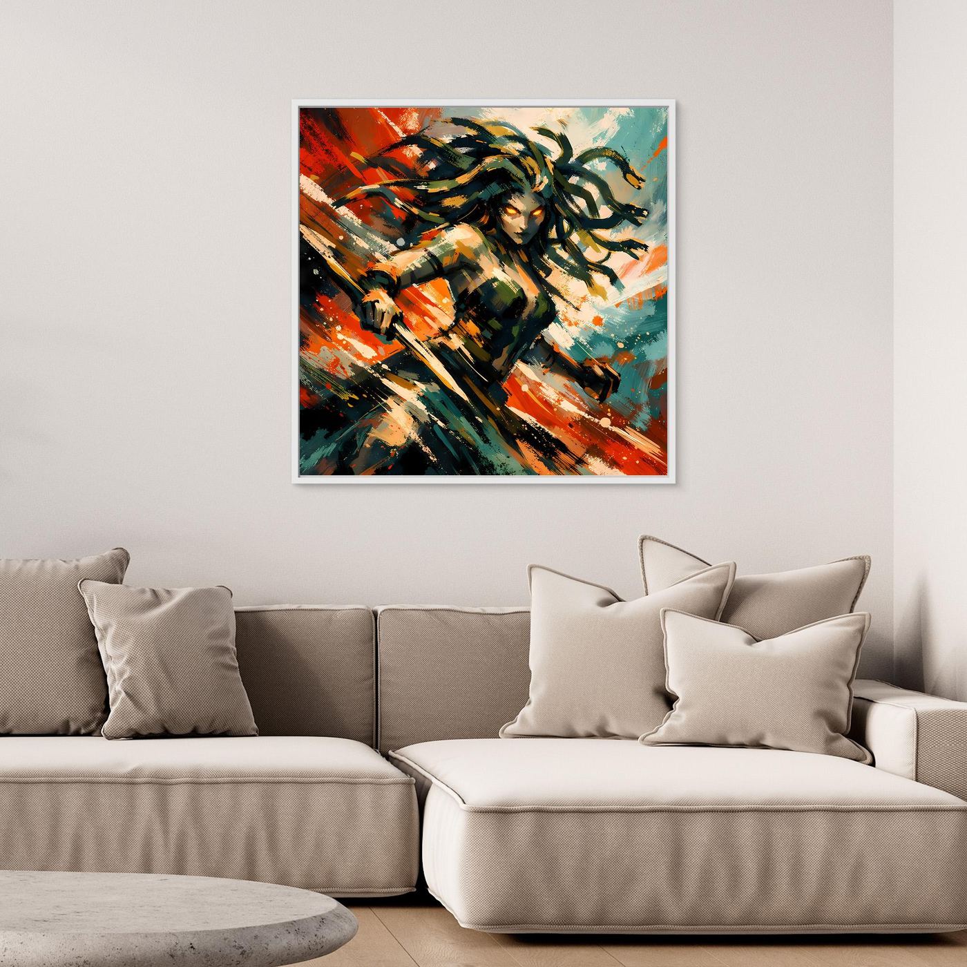 Leinwand Mythische Medusa im Action-Stil | Dynamisches Wandbild auf echter Leinwand