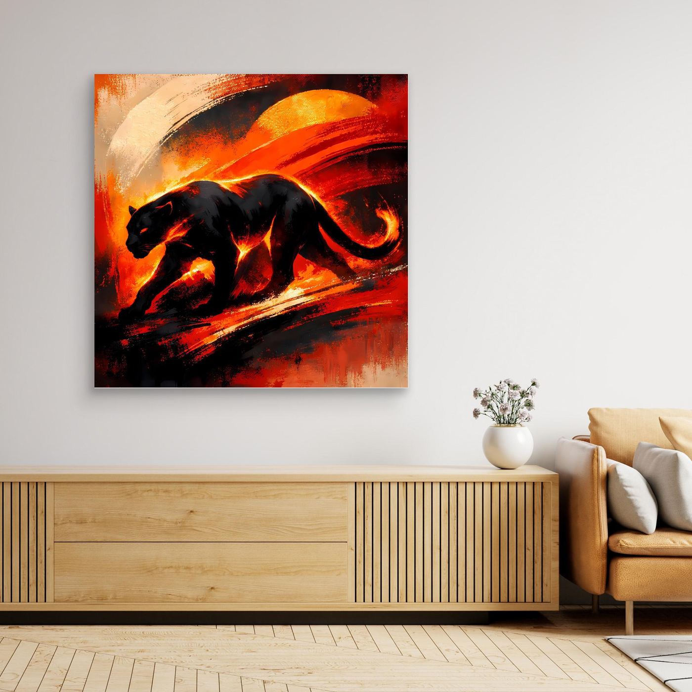 Leinwandbild mit schwarzem Panther in abstrakter Feuerszene, hell gerahmt, Rot-Orange