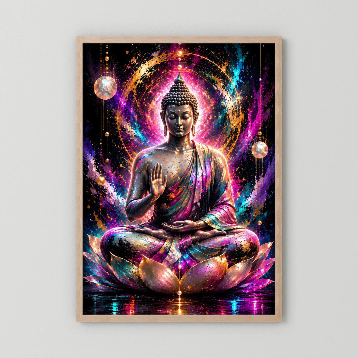 Neon-Buddha-Poster: meditierender Buddha auf Lotus mit leuchtenden Kugeln, heller Holzrahmen