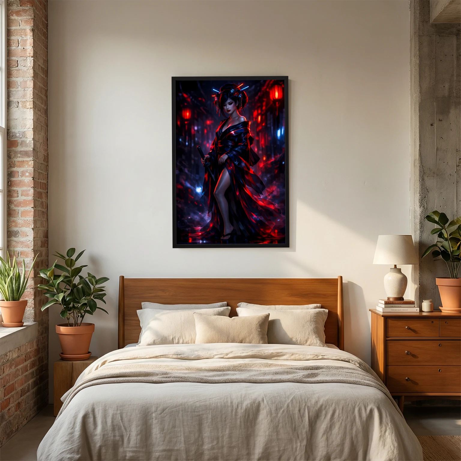 Senkrechtes Wandposter mit Kriegerin im dunklen Kimono-Look, Katana in der Hand, Neon-rot/blau, schwarzer Rahmen