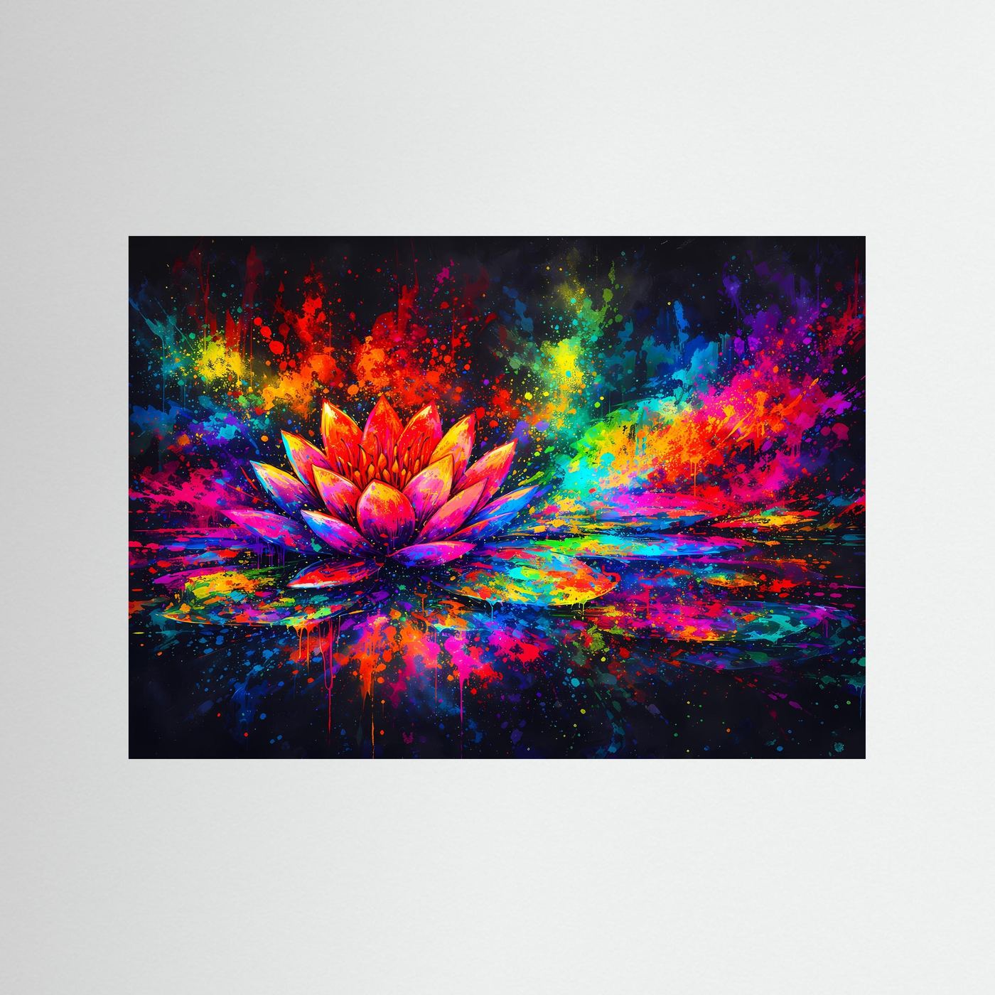 Kunstposter mit leuchtender Lotusblüte im Graffiti-Style, buntes Farb- und Spritzdesign