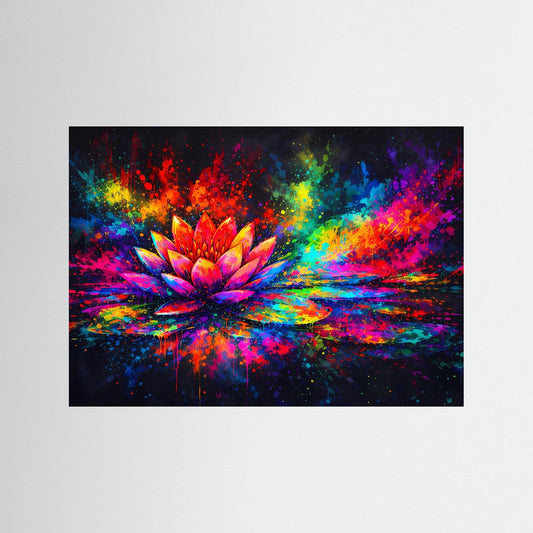 Kunstposter mit leuchtender Lotusblüte im Graffiti-Style, buntes Farb- und Spritzdesign