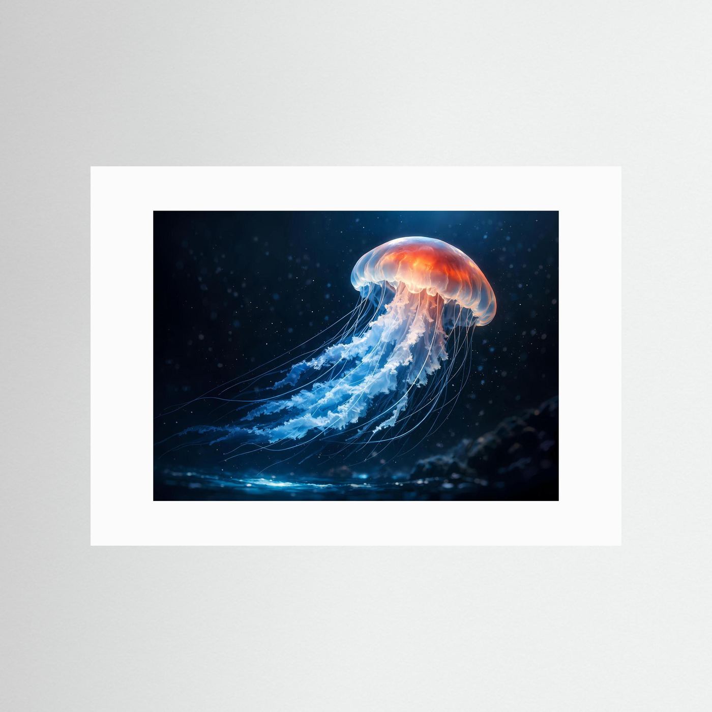 Poster mit leuchtender Qualle im Tiefsee-Panorama, Querformat, weißer Rand ohne Rahmen