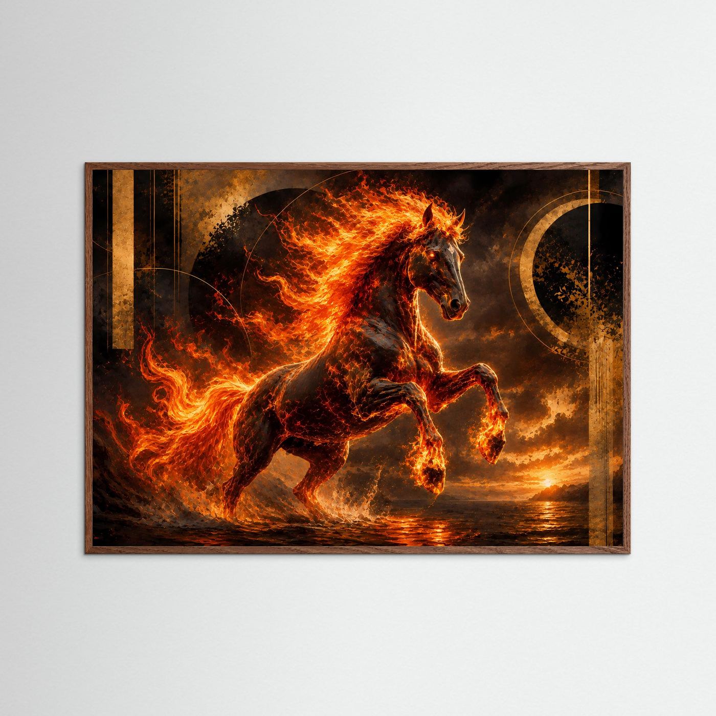 Gerahmtes Poster im Querformat: mystisches Flammenpferd, Schwarz, Gold und Orange.