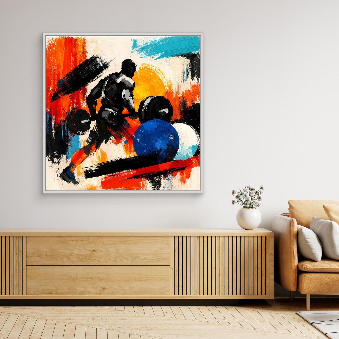 Framed canvas wall art of an abstract bodybuilder lifting a barbell, white frame