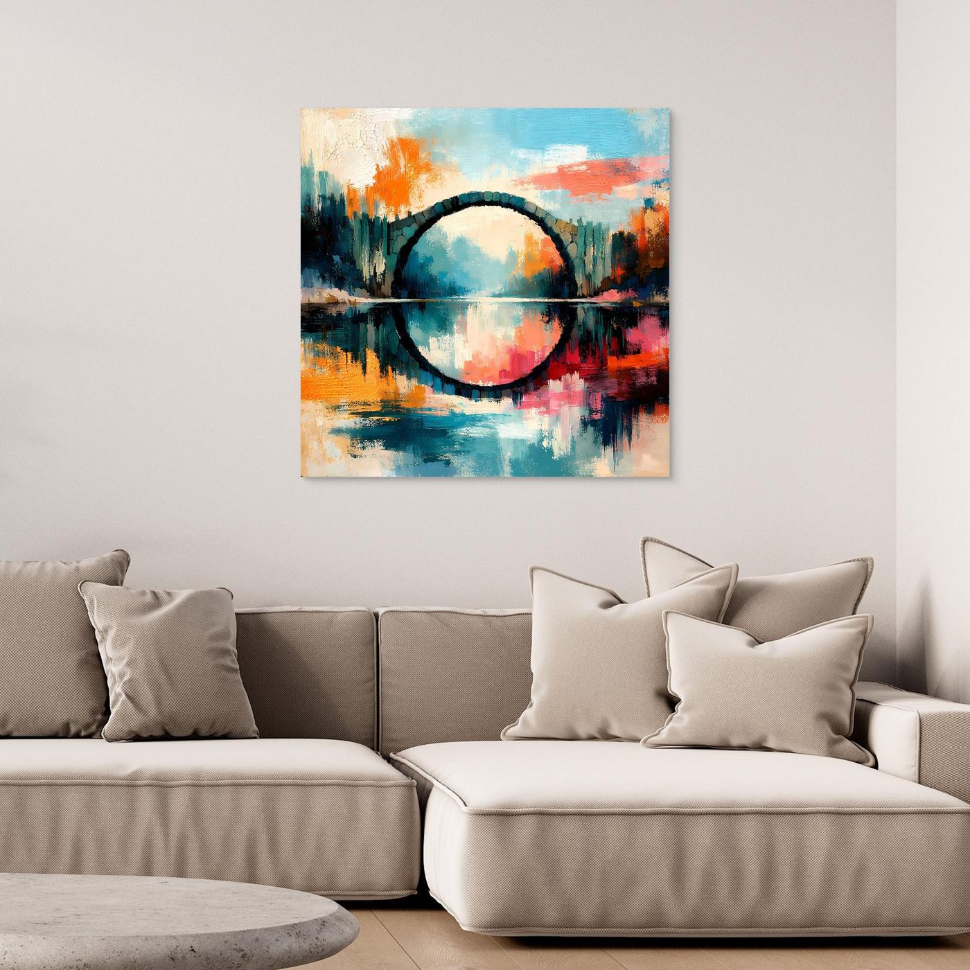 Premium Leinwand Mystische Kreisbrücke im Wasser | Abstraktes Natur Wandbild farbenfroh