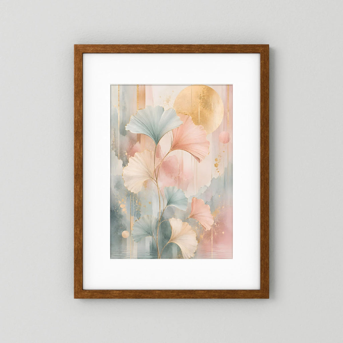 Kunstposter im Hochformat mit pastelligen Blättern in Rosa, Salbeigrün und Gold, braun gerahmt