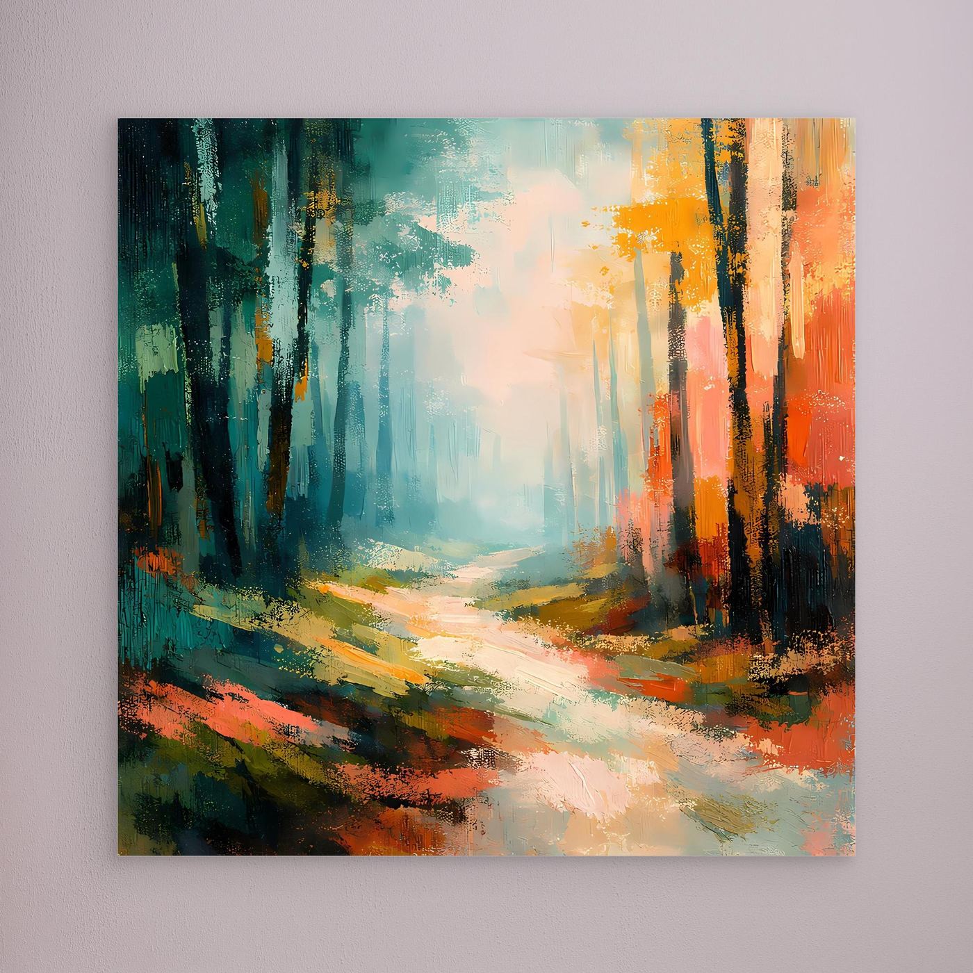 Leinwand-Wandbild mit abstraktem Waldweg in Blau, Grün und Orange ohne erkennbaren Rahmen