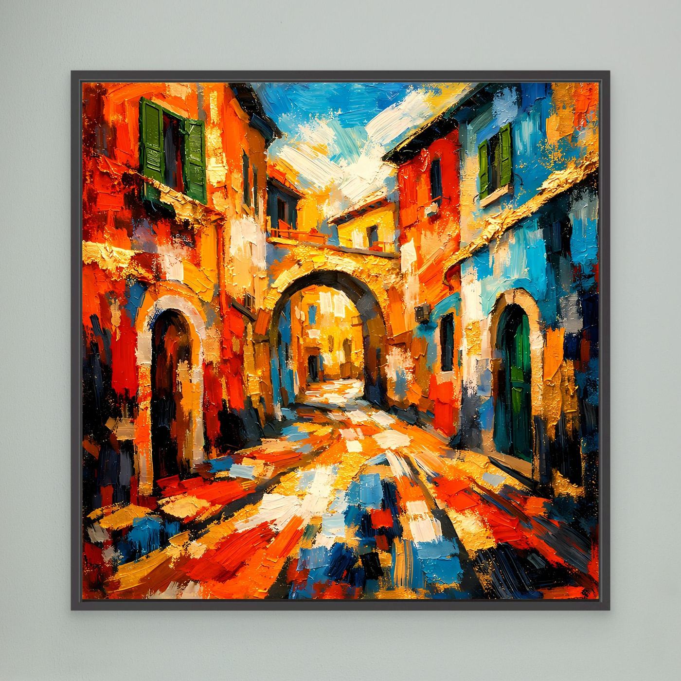 Leinwandbild mit dunklem Rahmen: abstrakte Gasse in Orange-, Rot- und Blautönen