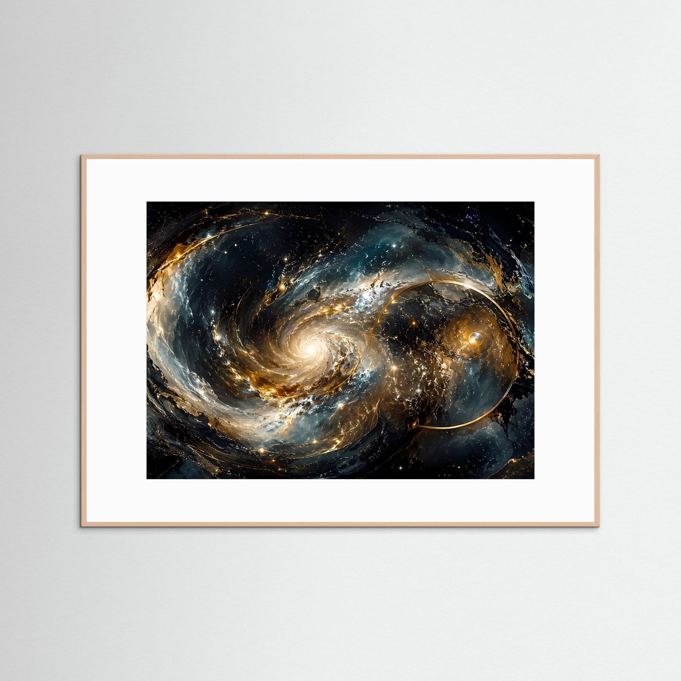 Faszinierender Galaxie-Wirbel mit Goldakzenten | Modernes Weltraum & Kunst Poster Querformat