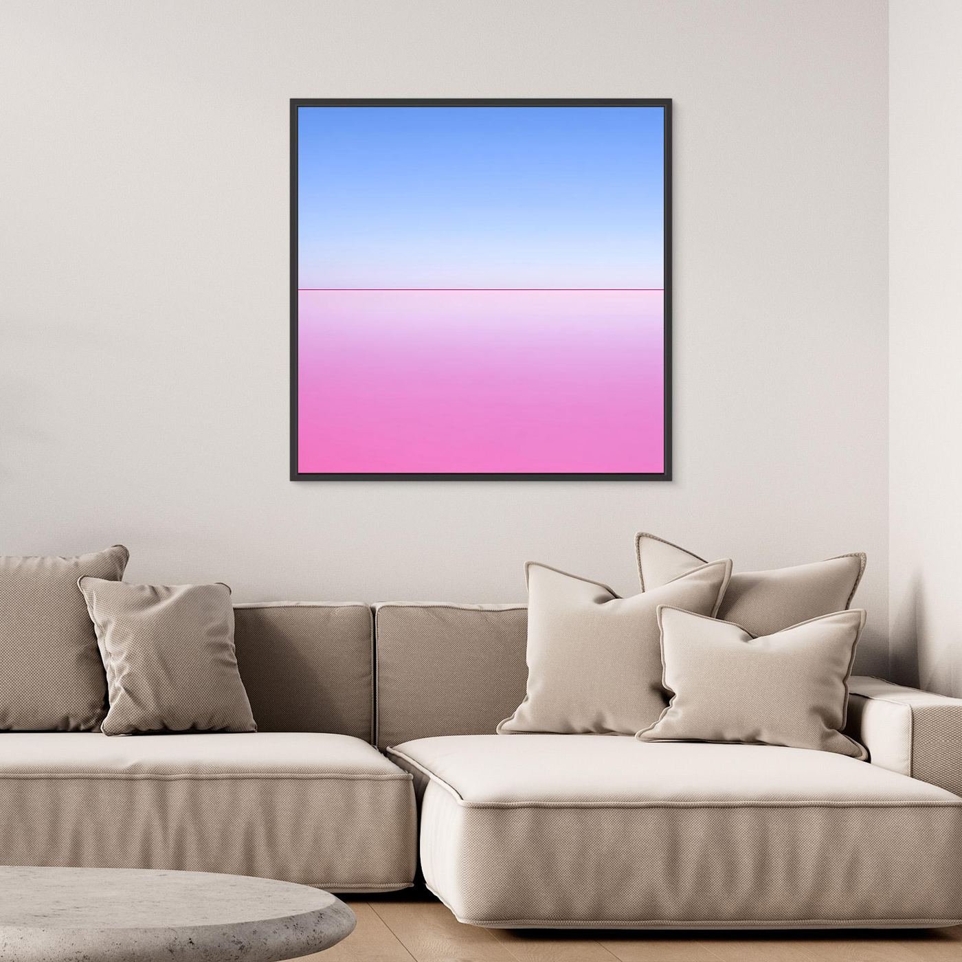 Abstraktes Horizont-Leinwandbild mit Blau-Pink-Verlauf, quadratisch, schwarzer Rahmen