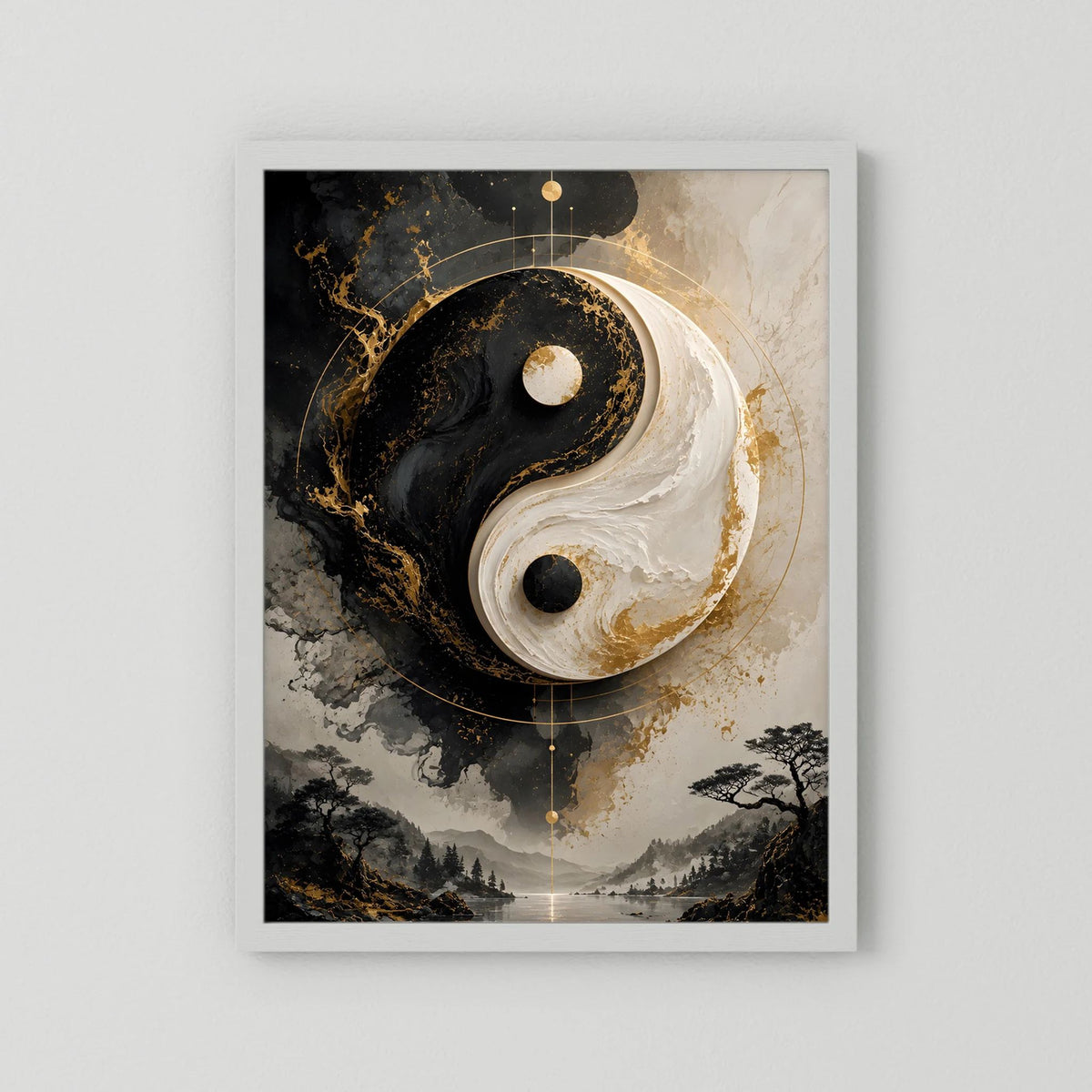 Hochformatiges Yin-Yang-Poster mit Schwarz-Weiß-Gold, in weißem Rahmen mit Rand