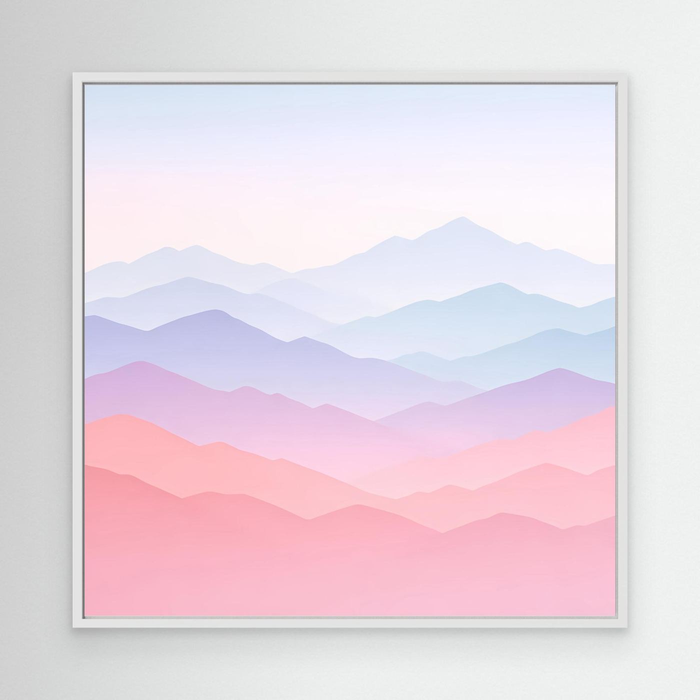 Leinwandbild Berglandschaft Pastellrosa und Blau mit weißem Rahmen, minimalistisch