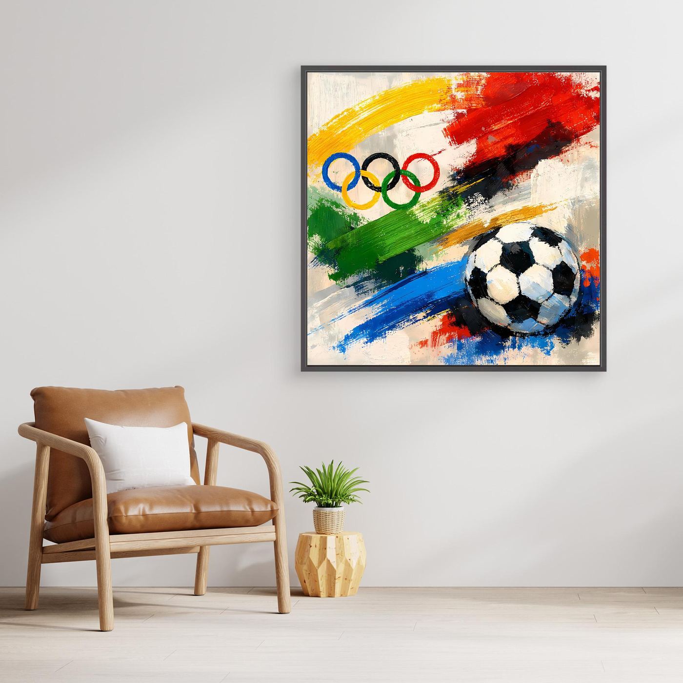 Leinwandbild mit abstraktem Fußball und Olympischen Ringen, schwarzer Bilderrahmen