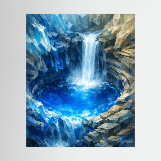 Ungeframed Hochformat-Poster mit blauem Wasserfall und türkis leuchtendem Pool