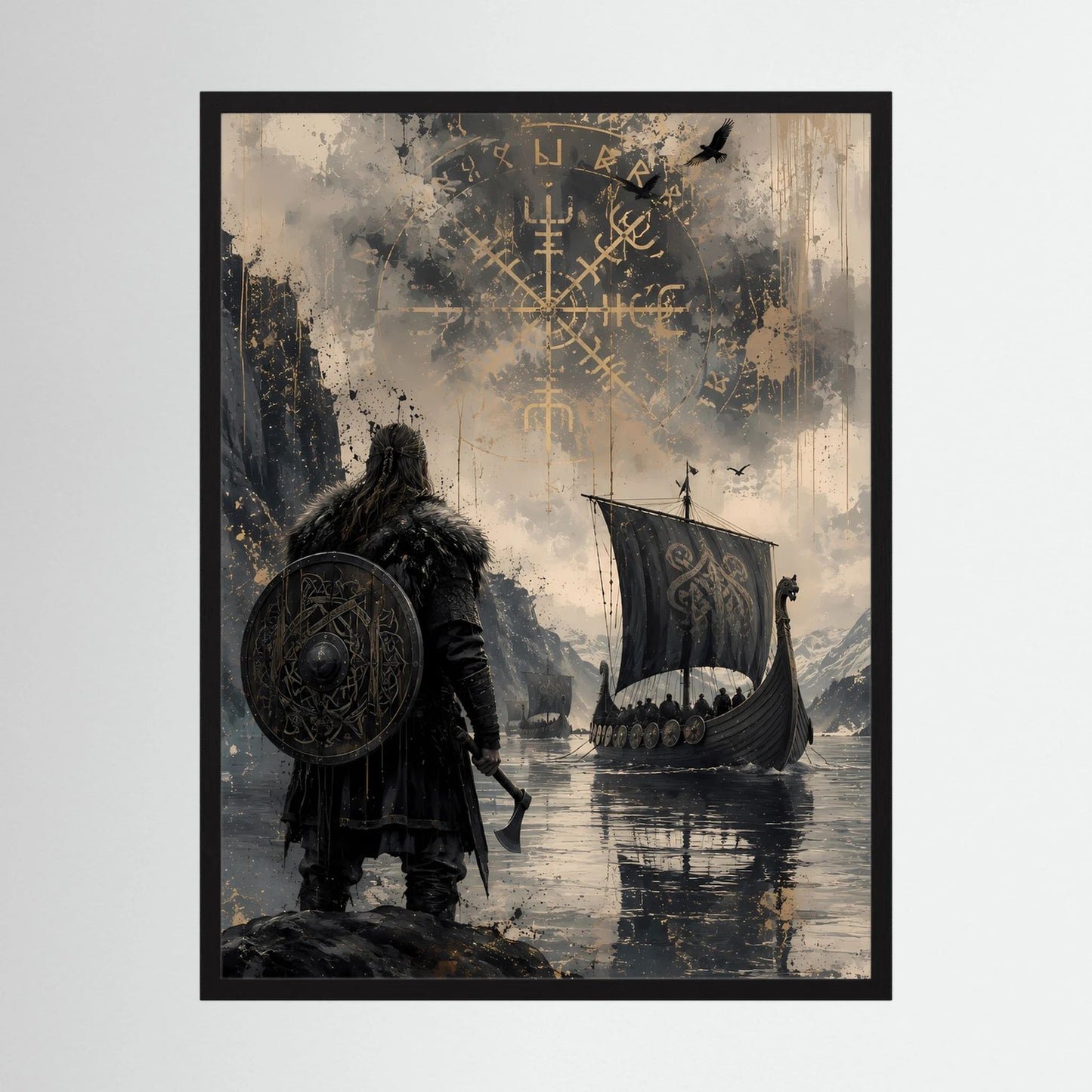 Hochformatiges Poster mit Wikingerkrieger, Schild, Langschiff und Runen im Wasser