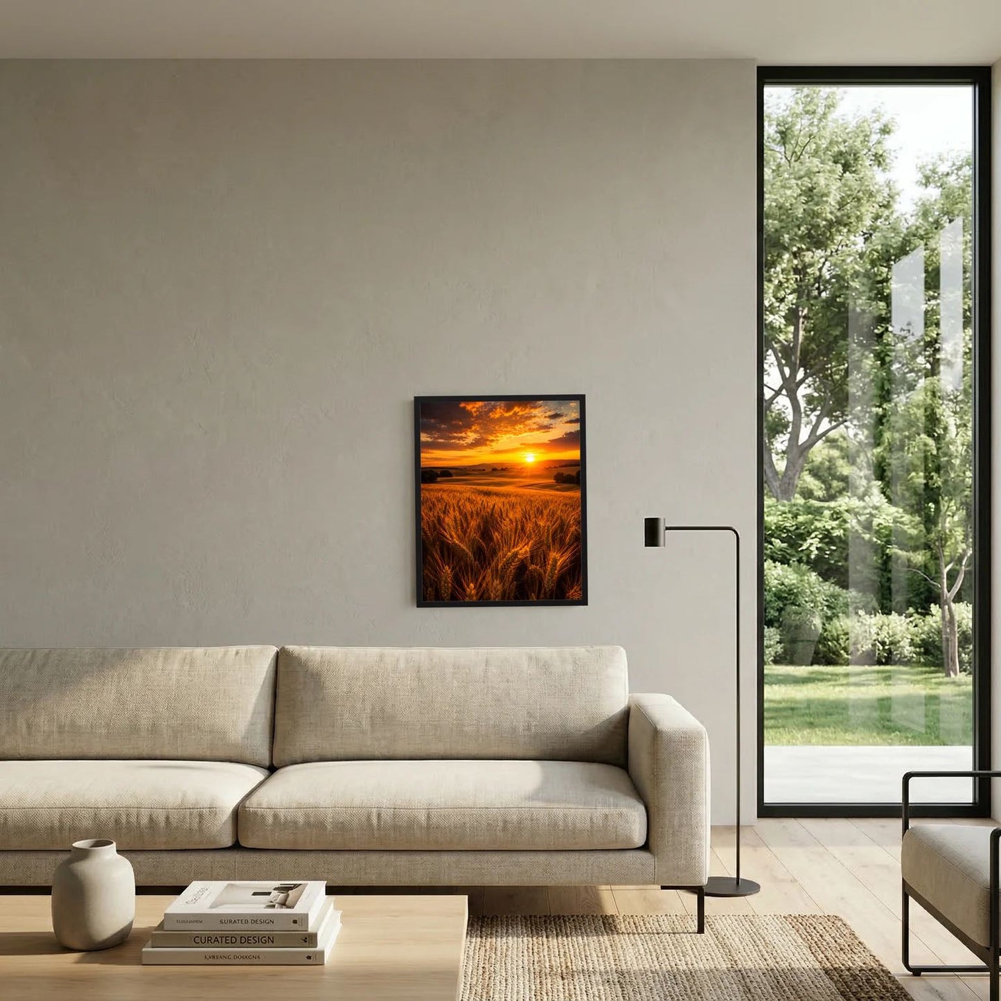 Wandposter mit Weizenfeld und Sonnenuntergang im schwarzen Rahmen, hochkant
