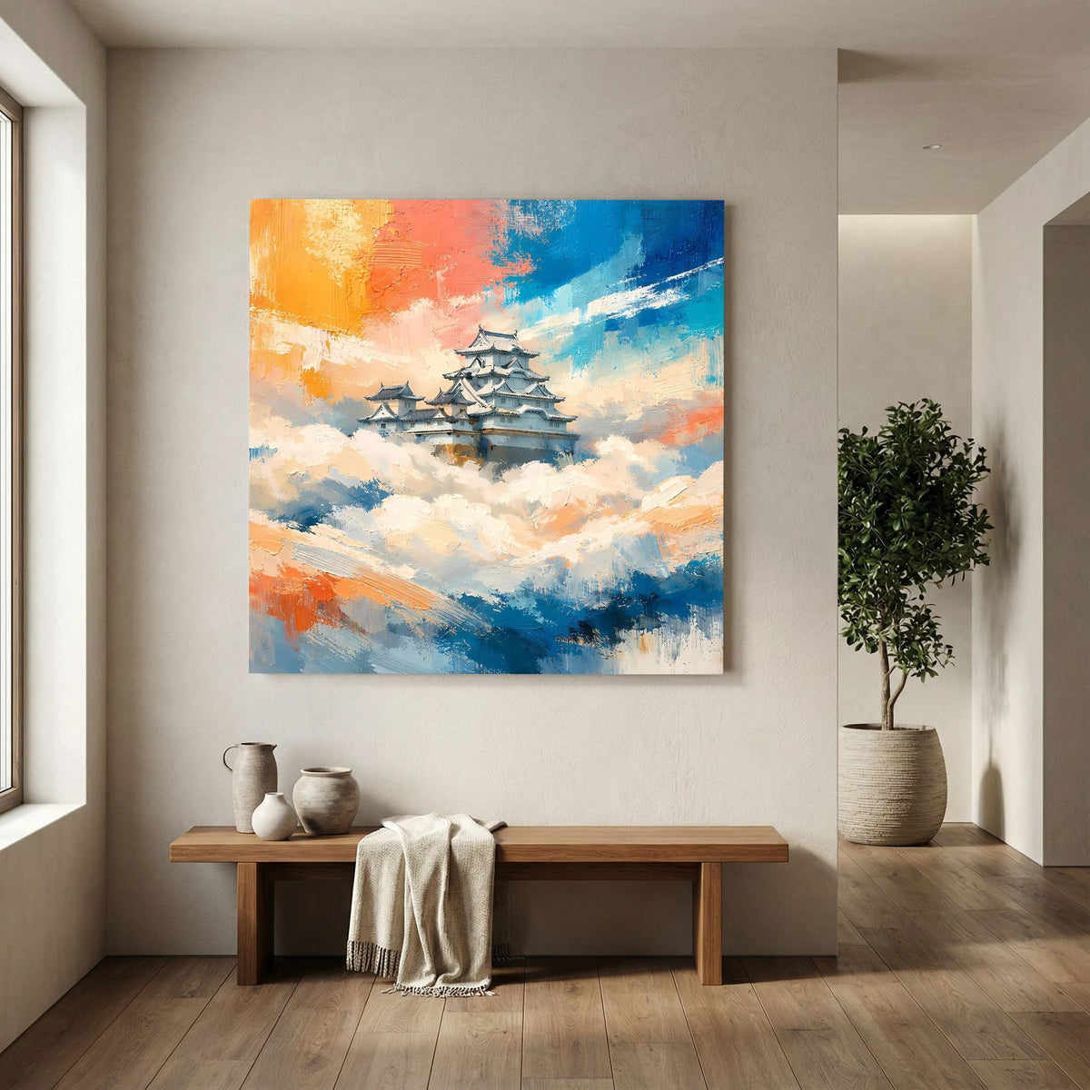 Rechteckiges Leinwandbild mit japanischer Burgsilhouette in Pastellfarben am Himmel.