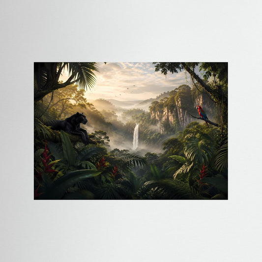 Poster mit Dschungelszene, Wasserfall und Panther, ohne sichtbaren Rahmen